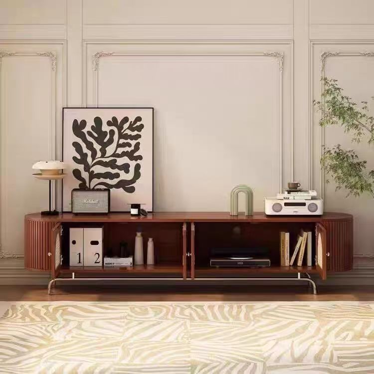 Traditional Chinese Pine Wood Rattan Stainless Steel Long Oval Arched TV Stand 4 Storage For Living Room