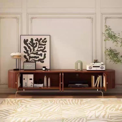 Traditional Chinese Pine Wood Rattan Stainless Steel Long Oval Arched TV Stand 4 Storage For Living Room