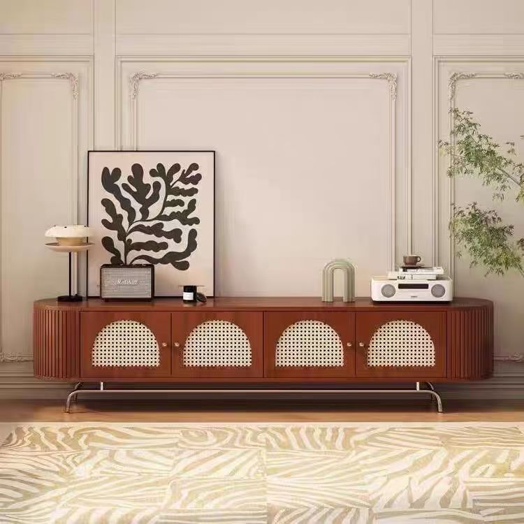 Traditional Chinese Pine Wood Rattan Stainless Steel Long Oval Arched TV Stand 4 Storage For Living Room