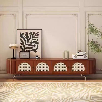 Traditional Chinese Pine Wood Rattan Stainless Steel Long Oval Arched TV Stand 4 Storage For Living Room