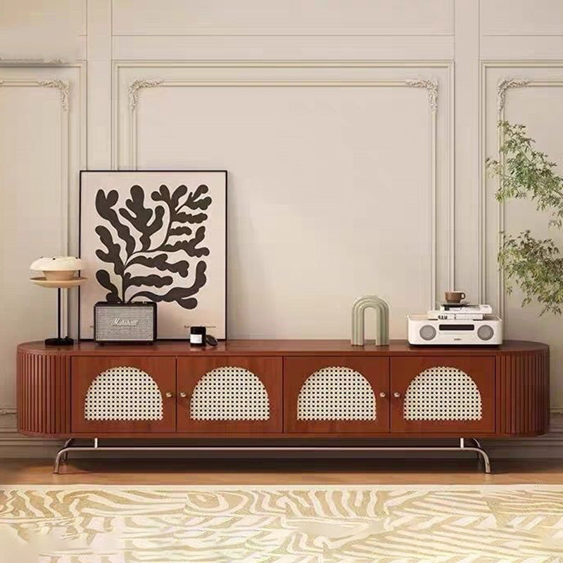Traditional Chinese Pine Wood Rattan Stainless Steel Long Oval Arched TV Stand 4 Storage For Living Room