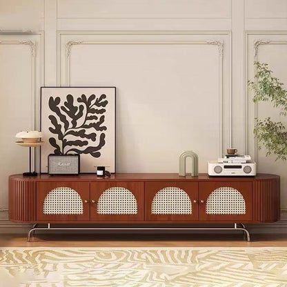 Traditional Chinese Pine Wood Rattan Stainless Steel Long Oval Arched TV Stand 4 Storage For Living Room