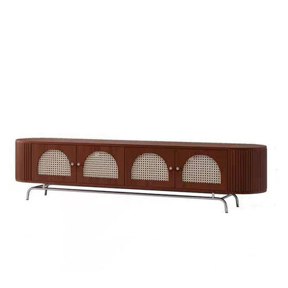 Traditional Chinese Pine Wood Rattan Stainless Steel Long Oval Arched TV Stand 4 Storage For Living Room