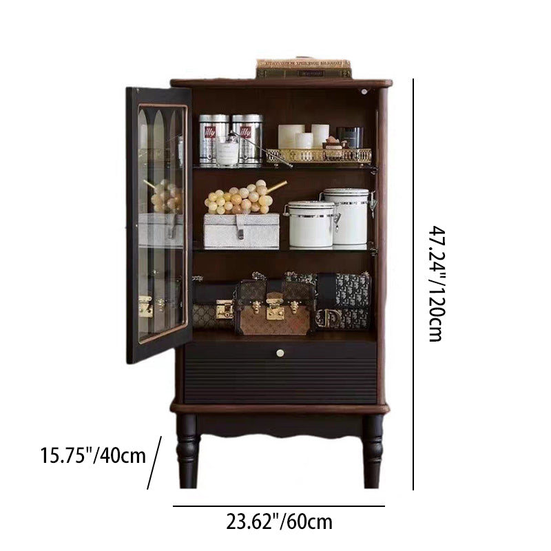Traditional French Oak Wood Glass Cylindrical Rectangular Storage Cabinet 3 Tier For Living Room