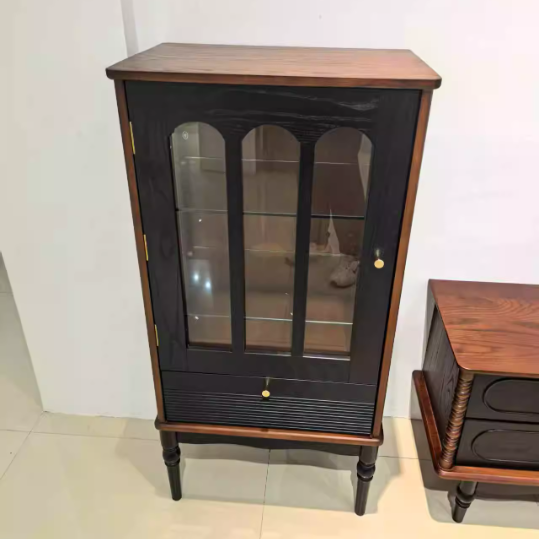 Traditional French Oak Wood Glass Cylindrical Rectangular Storage Cabinet 3 Tier For Living Room