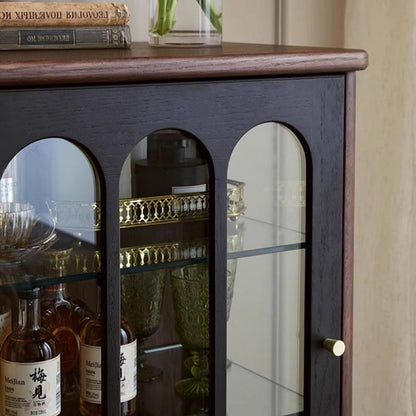 Traditional French Oak Wood Glass Cylindrical Rectangular Storage Cabinet 3 Tier For Living Room