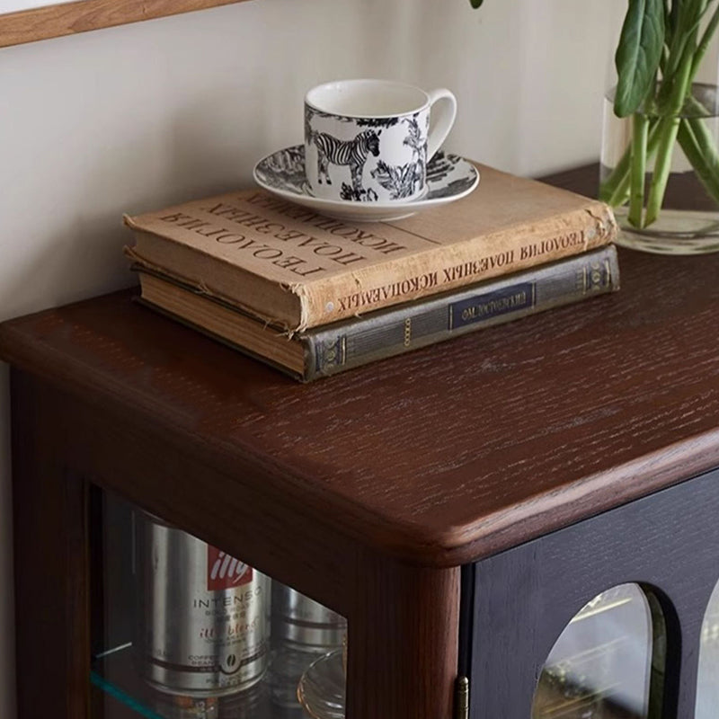 Traditional French Oak Wood Glass Cylindrical Rectangular Storage Cabinet 3 Tier For Living Room
