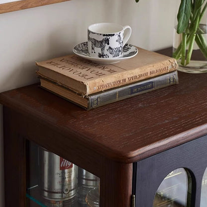 Traditional French Oak Wood Glass Cylindrical Rectangular Storage Cabinet 3 Tier For Living Room
