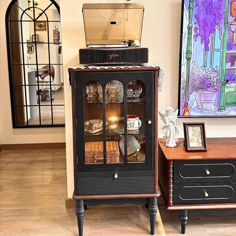 Traditional French Oak Wood Glass Cylindrical Rectangular Storage Cabinet 3 Tier For Living Room