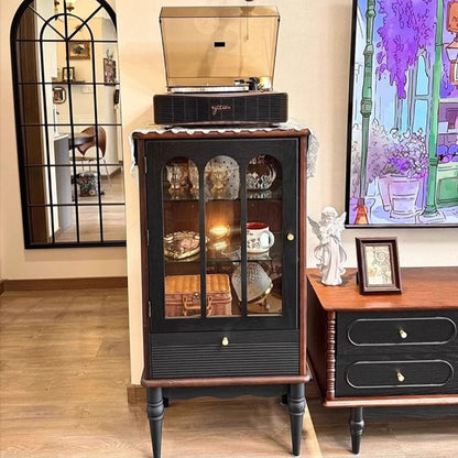 Traditional French Oak Wood Glass Cylindrical Rectangular Storage Cabinet 3 Tier For Living Room