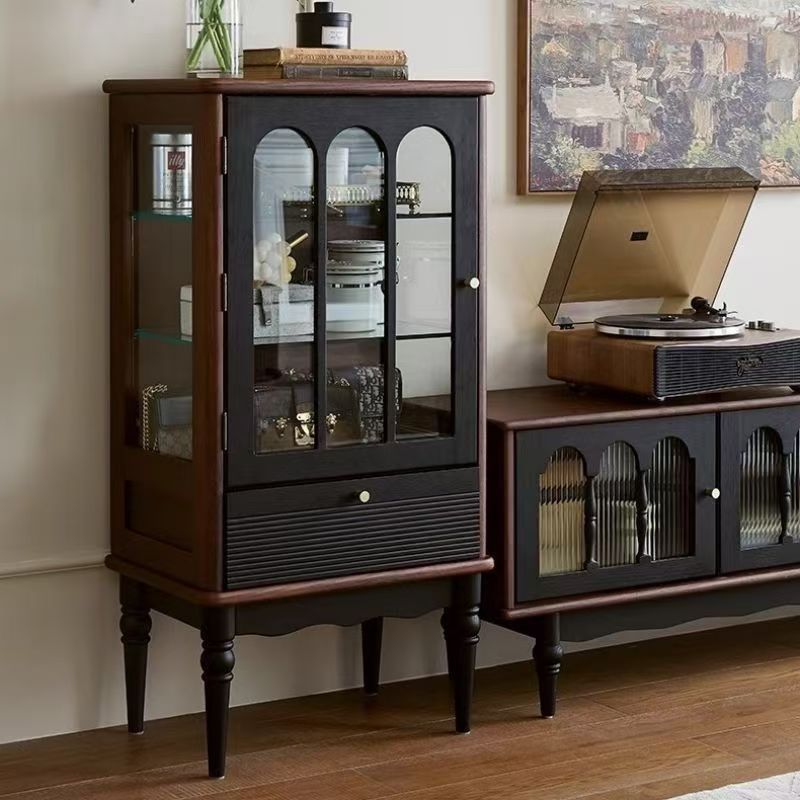 Traditional French Oak Wood Glass Cylindrical Rectangular Storage Cabinet 3 Tier For Living Room