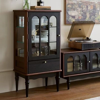 Traditional French Oak Wood Glass Cylindrical Rectangular Storage Cabinet 3 Tier For Living Room