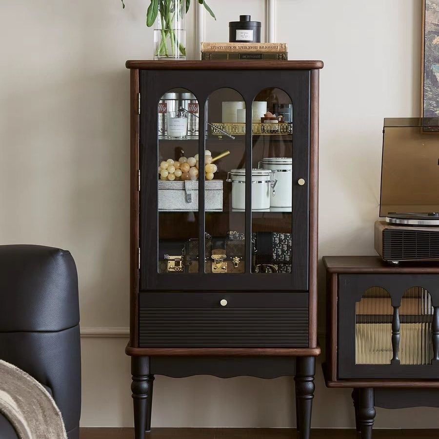 Traditional French Oak Wood Glass Cylindrical Rectangular Storage Cabinet 3 Tier For Living Room