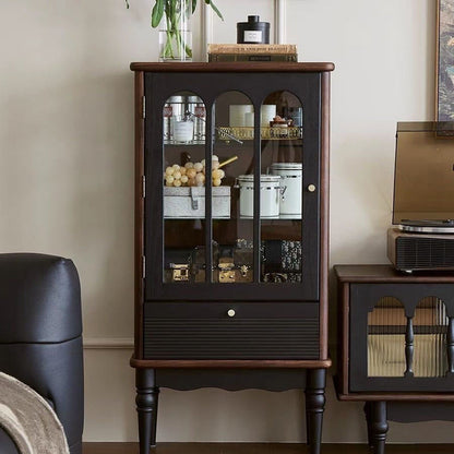 Traditional French Oak Wood Glass Cylindrical Rectangular Storage Cabinet 3 Tier For Living Room
