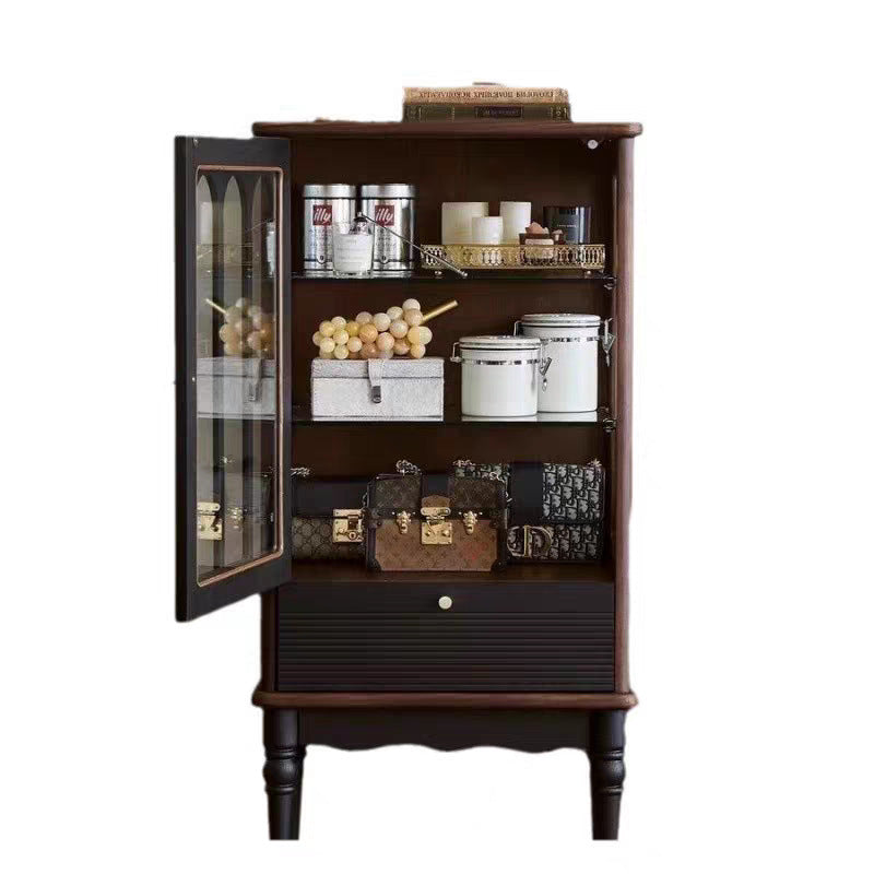 Traditional French Oak Wood Glass Cylindrical Rectangular Storage Cabinet 3 Tier For Living Room
