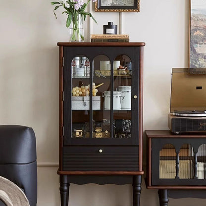 Traditional French Oak Wood Glass Cylindrical Rectangular Storage Cabinet 3 Tier For Living Room
