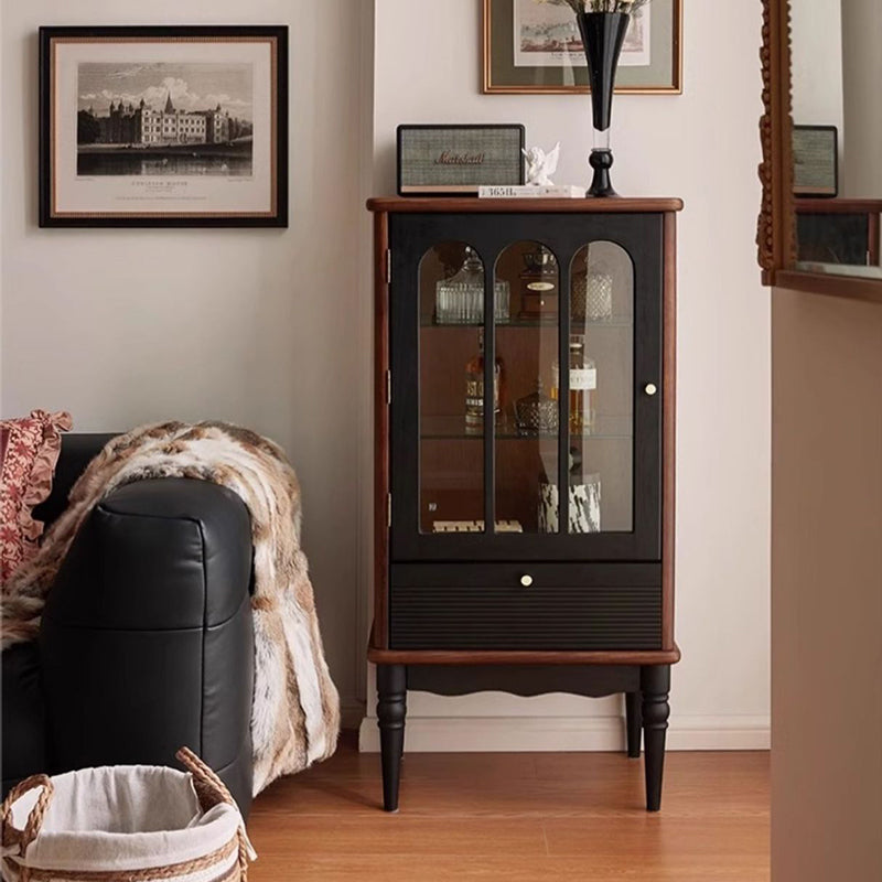 Traditional French Oak Wood Glass Cylindrical Rectangular Storage Cabinet 3 Tier For Living Room