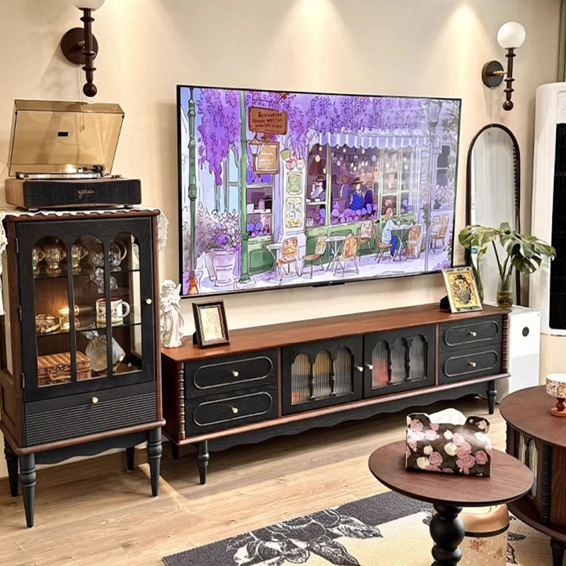Traditional French Oak Wood Glass Cylindrical Rectangular Storage Cabinet 3 Tier For Living Room