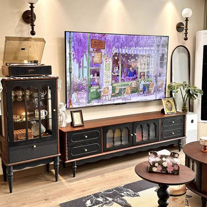 Traditional French Oak Wood Glass Cylindrical Rectangular Storage Cabinet 3 Tier For Living Room