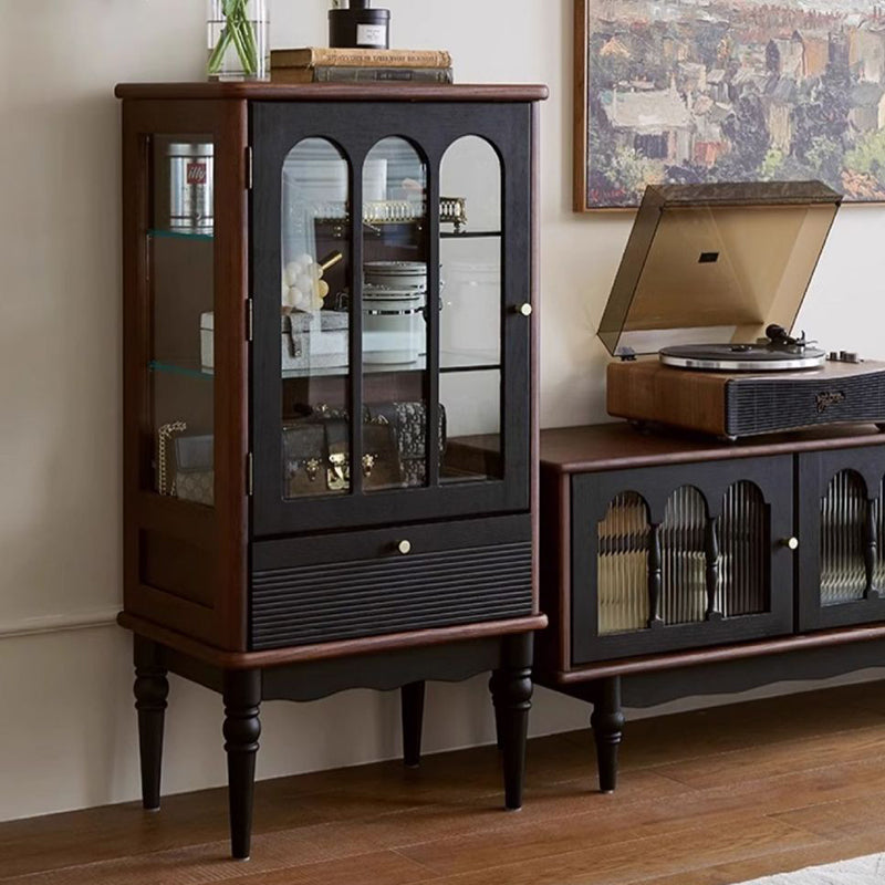 Traditional French Oak Wood Glass Cylindrical Rectangular Storage Cabinet 3 Tier For Living Room