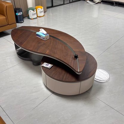 Traditional Chinese Stainless Steel Solid Wood Multi-Layer Board Leaf-Shaped Round Coffee Table 2 Tier For Living Room