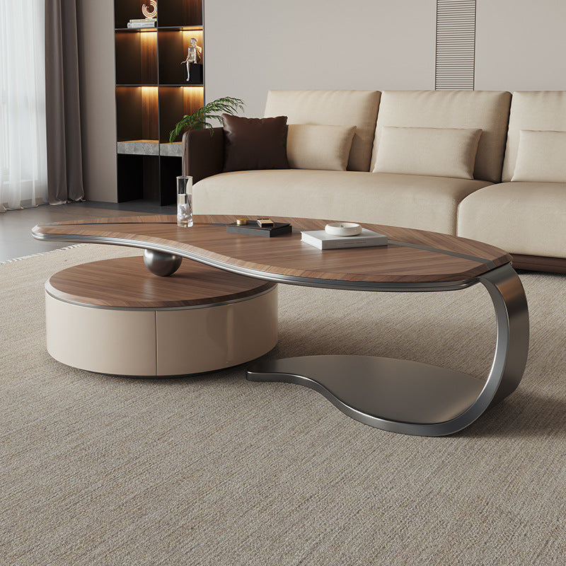Traditional Chinese Stainless Steel Solid Wood Multi-Layer Board Leaf-Shaped Round Coffee Table 2 Tier For Living Room