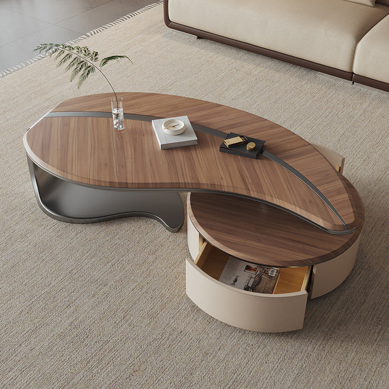 Traditional Chinese Stainless Steel Solid Wood Multi-Layer Board Leaf-Shaped Round Coffee Table 2 Tier For Living Room