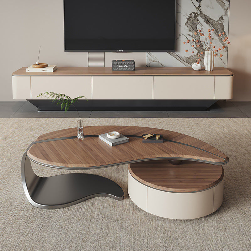 Traditional Chinese Stainless Steel Solid Wood Multi-Layer Board Leaf-Shaped Round Coffee Table 2 Tier For Living Room