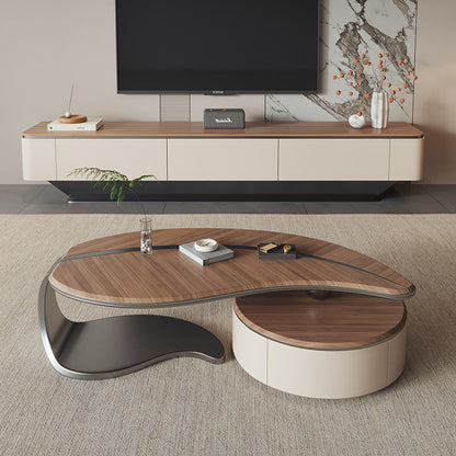Traditional Chinese Stainless Steel Solid Wood Multi-Layer Board Leaf-Shaped Round Coffee Table 2 Tier For Living Room