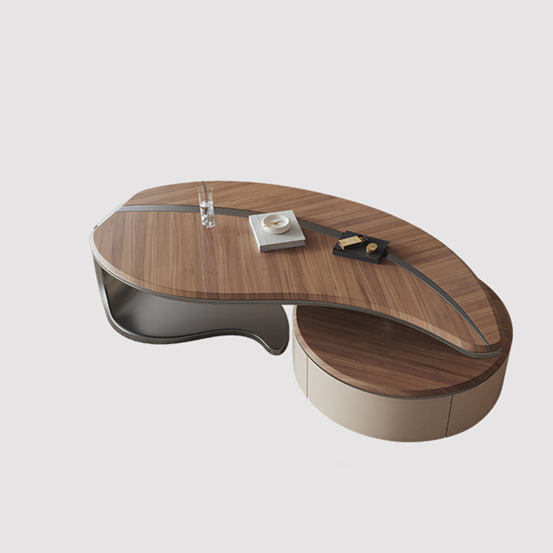 Traditional Chinese Stainless Steel Solid Wood Multi-Layer Board Leaf-Shaped Round Coffee Table 2 Tier For Living Room