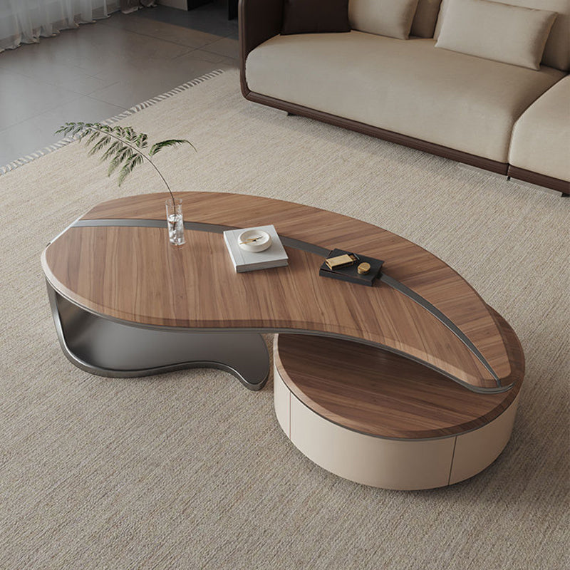 Traditional Chinese Stainless Steel Solid Wood Multi-Layer Board Leaf-Shaped Round Coffee Table 2 Tier For Living Room