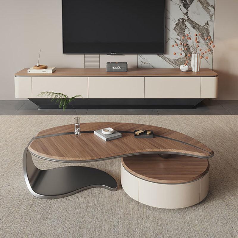 Traditional Chinese Stainless Steel Solid Wood Multi-Layer Board Leaf-Shaped Round Coffee Table 2 Tier For Living Room