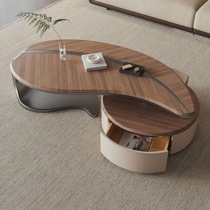 Traditional Chinese Stainless Steel Solid Wood Multi-Layer Board Leaf-Shaped Round Coffee Table 2 Tier For Living Room