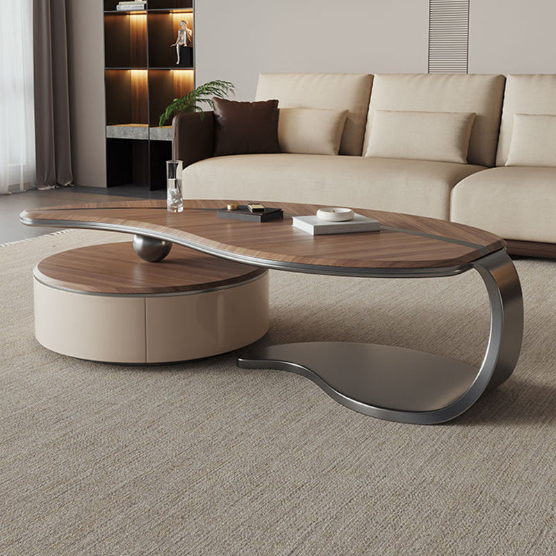 Traditional Chinese Stainless Steel Solid Wood Multi-Layer Board Leaf-Shaped Round Coffee Table 2 Tier For Living Room