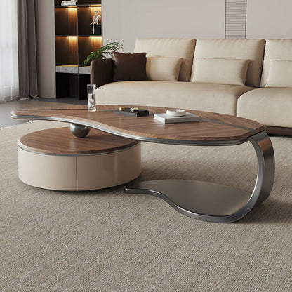 Traditional Chinese Stainless Steel Solid Wood Multi-Layer Board Leaf-Shaped Round Coffee Table 2 Tier For Living Room