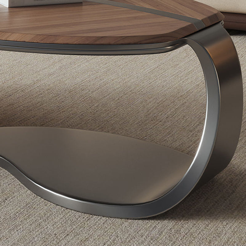 Traditional Chinese Stainless Steel Solid Wood Multi-Layer Board Leaf-Shaped Round Coffee Table 2 Tier For Living Room