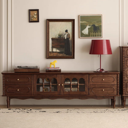 Traditional French Black Walnut Wood Curved Rectangular TV Stand With 4 Drawers For Living Room