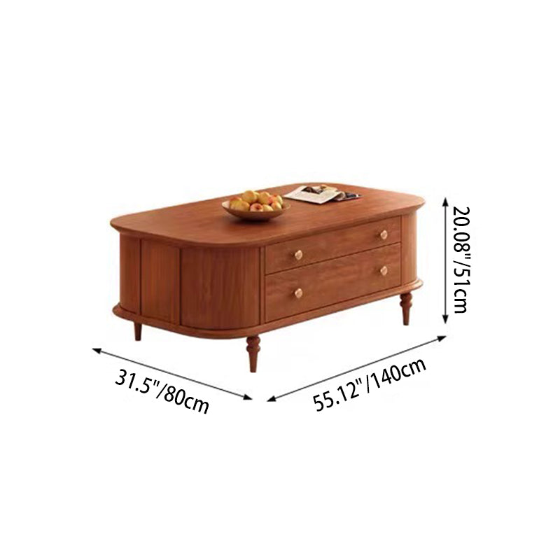 Traditional Vintage Rubber Wood Veneer Glass Elongated Oval Coffee Table With 2 Drawers For Living Room