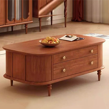 Traditional Vintage Rubber Wood Veneer Glass Elongated Oval Coffee Table With 2 Drawers For Living Room