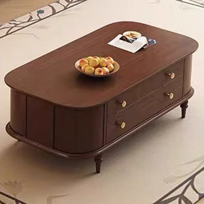 Traditional Vintage Rubber Wood Veneer Glass Elongated Oval Coffee Table With 2 Drawers For Living Room