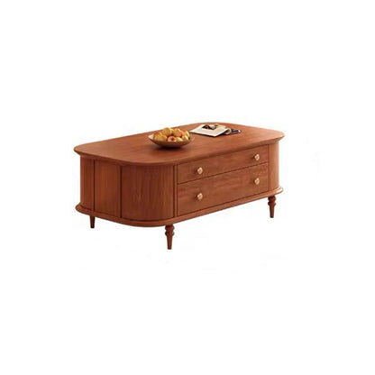 Traditional Vintage Rubber Wood Veneer Glass Elongated Oval Coffee Table With 2 Drawers For Living Room