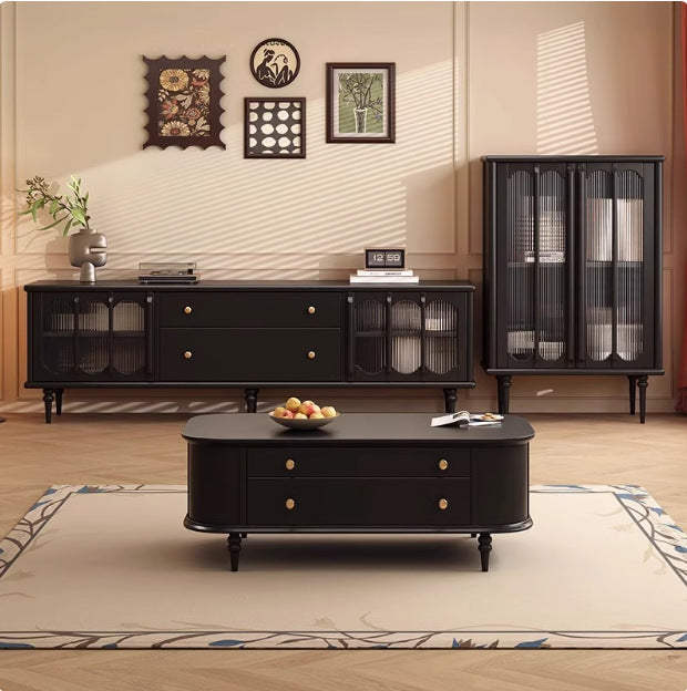 Traditional Vintage Rubber Wood Veneer Glass Elongated Oval Coffee Table With 2 Drawers For Living Room