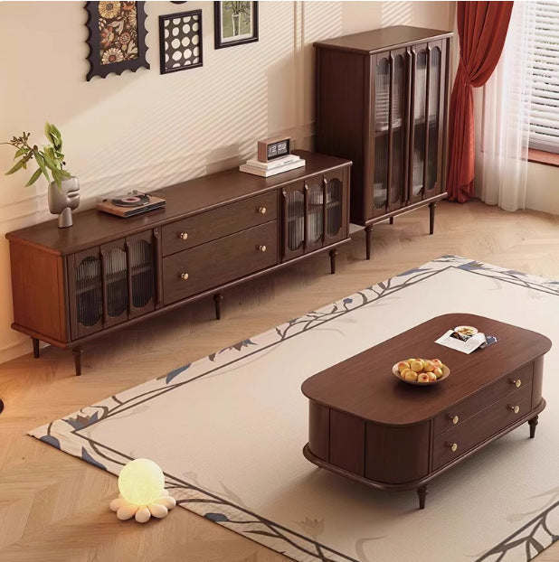 Traditional Vintage Rubber Wood Veneer Glass Elongated Oval Coffee Table With 2 Drawers For Living Room