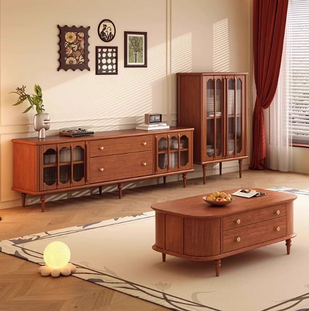 Traditional Vintage Rubber Wood Veneer Glass Elongated Oval Coffee Table With 2 Drawers For Living Room