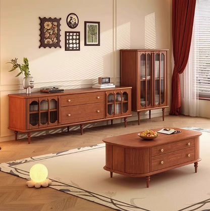 Traditional Vintage Rubber Wood Veneer Glass Elongated Oval Coffee Table With 2 Drawers For Living Room