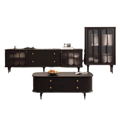 Traditional Vintage Rubber Wood Veneer Glass Elongated Oval Coffee Table With 2 Drawers For Living Room