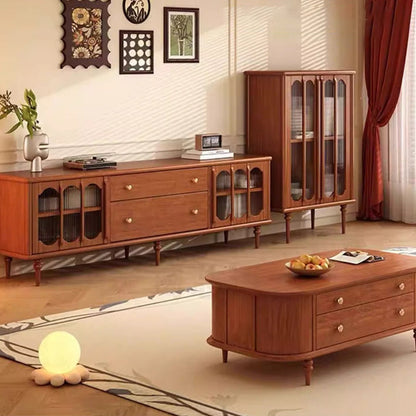 Traditional Vintage Rubber Wood Veneer Glass Elongated Oval Coffee Table With 2 Drawers For Living Room