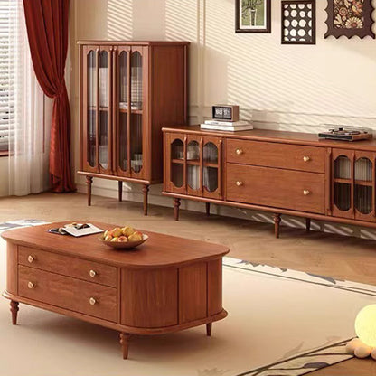 Traditional Vintage Rubber Wood Veneer Glass Elongated Oval Coffee Table With 2 Drawers For Living Room