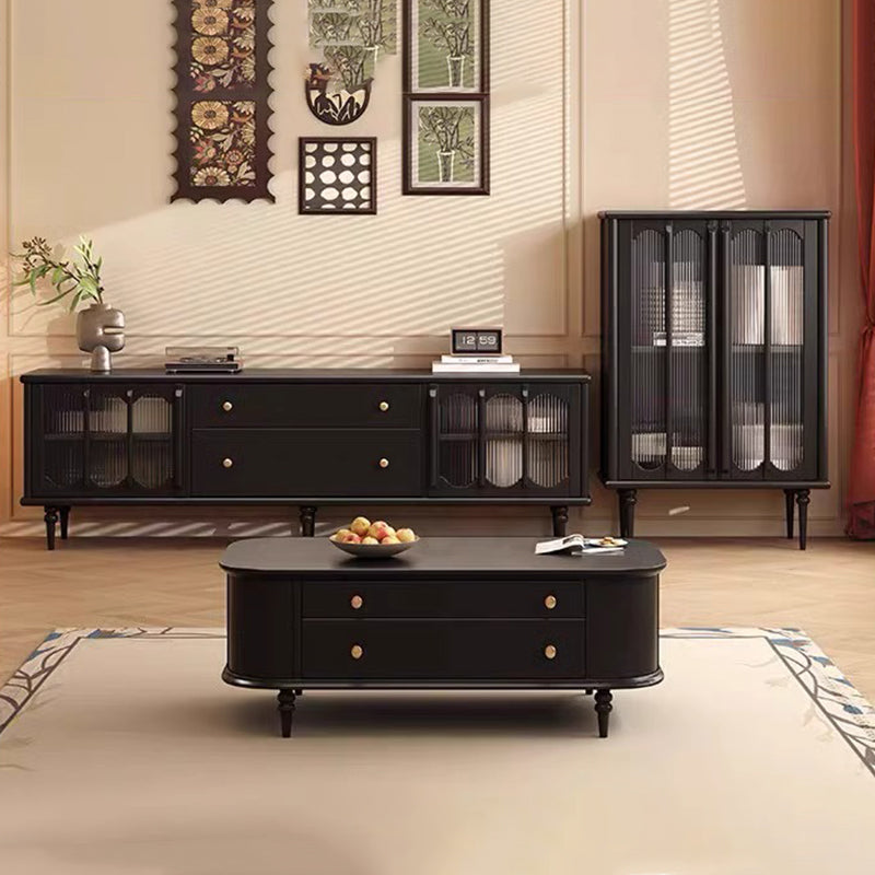 Traditional Vintage Rubber Wood Veneer Glass Elongated Oval Coffee Table With 2 Drawers For Living Room