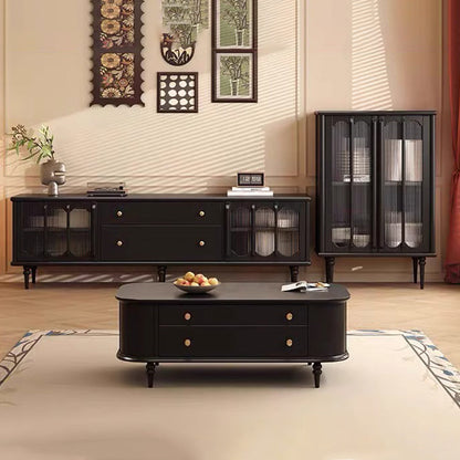 Traditional Vintage Rubber Wood Veneer Glass Elongated Oval Coffee Table With 2 Drawers For Living Room